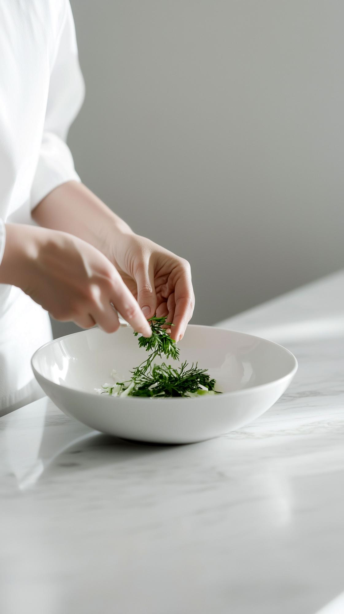 Chef preparing a plated dish with herbs